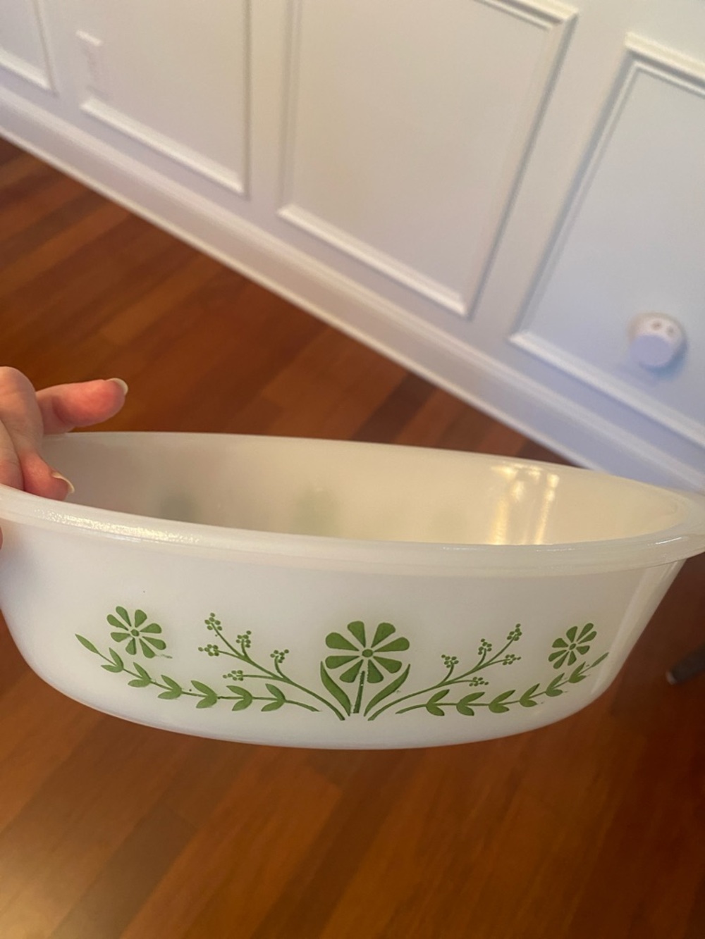 Vintage Glasbake 1 Qt White Green Floral Bake Dish or Serving Bowl